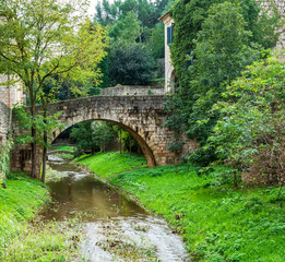 picturesque view at an ancient bridge with amazing green garden and  small river