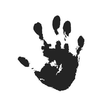 Hand print isolated on white background. Black paint human hands. Silhouette of child, kid, young people handprint. Stamp fingers and palm shape. Abstract design. Grunge texture. Vector illustration
