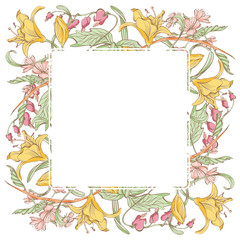 Graphic floral vintage frame in classic style. Hand-drawn botanical illustration. Retro vector wedding or branding border with lily, dicentra and cherry flowers in yellow, pink and green colors