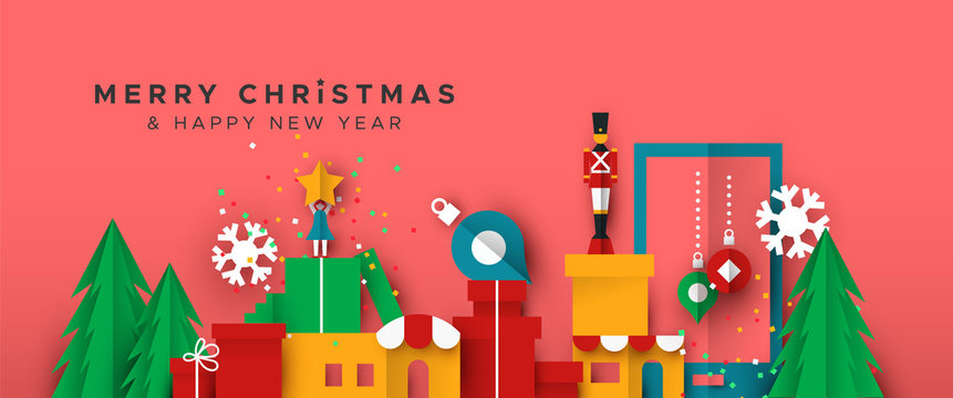 Christmas and New Year banner of papercut toy city