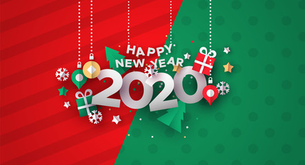 New Year 2020 card of 3d holiday paper icons