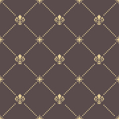 Seamless vector pattern. Modern geometric ornament with golden royal lilies. Classic vintage background