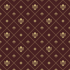 Seamless vector pattern. Modern geometric ornament with golden royal lilies. Classic vintage background