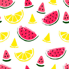 Watermelon slices and lemon seamless pattern on white background.