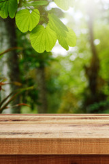 Wooden table and blurred green leaf nature in garden background. 