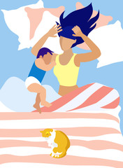 Mother and Little Son Sleeping Together Cartoon
