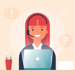 Young woman Operator of call center office with laptop working in headphones. Customer service character answer questions and find solution. Illustration vector. Can use for web banner, infographics,
