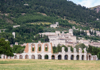 Fototapeta premium Gubbio, Italy. Amazing view of the ruins of the Roman theater and the city. It is one of the most beautiful small town in Italy