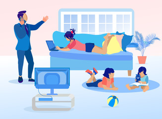 Family Rest at Home while Father Talking on Phone