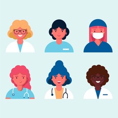 Avatars characters doctor and nurses set. Medical staff icons of faces on a blue background. Therapist, surgeon, nurse, gynecologist in uniform. Online healthcare. Flat vector illustration