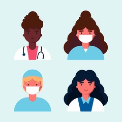 Avatars characters doctor and nurses set. Medical staff icons of faces on a blue background. Therapist, surgeon, nurse, gynecologist in uniform. Online healthcare. Flat vector illustration
