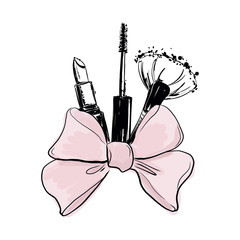 Fashion vector background with hand drawn cosmetics: lipstick mascara, makeup brush with bow. bunch of decorative cosmetics tied with beautiful ribbon. Makeup beauty fashion vector illustration