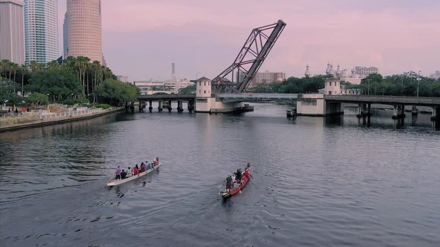 Aerial of row boats on the  Hillsborough river the the Tampa city skyline. Florida, USA. 3 July 2019