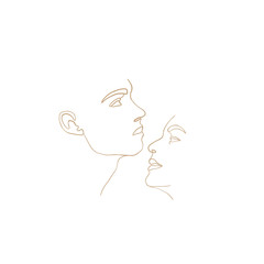 Continuous line, drawing of set facesmen and women in kiss, fashion concept, woman beauty minimalist, vector illustration for t-shirt, slogan design print graphics style. One line fashion illustration
