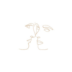 Continuous line, drawing of set facesmen and women in kiss, fashion concept, woman beauty minimalist, vector illustration for t-shirt, slogan design print graphics style. One line fashion illustration