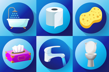 Bathroom flat colored icon set vector - Toilet, water tap, napkins, toilet paper, towels, shower, washcloth and bath sponge,