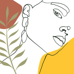 Ciągła linia, rysunek twarzy kobiety, koncepcja mody, minimalistyczna uroda kobiety z geometrycznym doodle Abstrakcyjne kwiatowe elementy pastelowe kolory. Ciągły rysunek jednej linii. ilustracji wektorowych - 278612884
