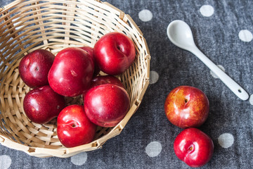 kitchen ingredients on woven bamboo texture 