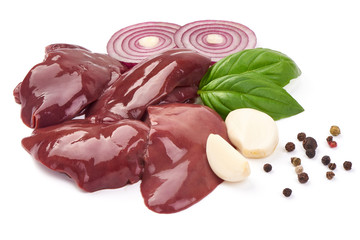 Raw Chicken livers, ingredients for cooking, fresh eco food, close-up, isolated on white background