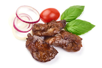 Fried Chicken liver, baked livers, close-up, isolated on white background