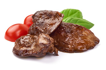 Fried Chicken liver, baked livers, close-up, isolated on white background