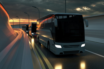 Three white buses drive on a highway at sunset backlit by a bright orange sunburst under an ominous cloudy sky. 3d Rendering