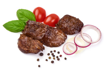 Fried Chicken Livers, Traditional French cuisine, close-up, isolated on white background