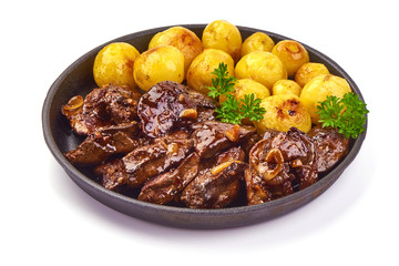 Fried Chicken livers with baked potatoes, French cuisine, close-up, isolated on white background