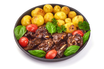 Fried Chicken livers with baked potatoes, French cuisine, close-up, isolated on white background
