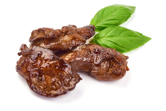Fried Chicken Livers, Traditional French cuisine, close-up, isolated on white background