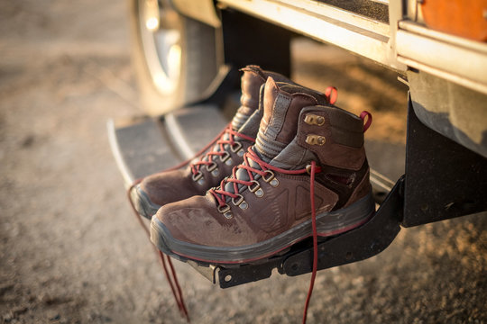 Close up of a pair of hiking boots in RV