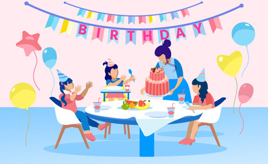 Happy Family Celebrating Birthday Party Cartoon