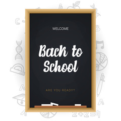 Welcome Back to School banner with chalkboard and white hand draw doodle background.