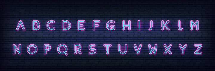 Neon alphabet font. Glowing neon colored 3d modern alphabet typeface