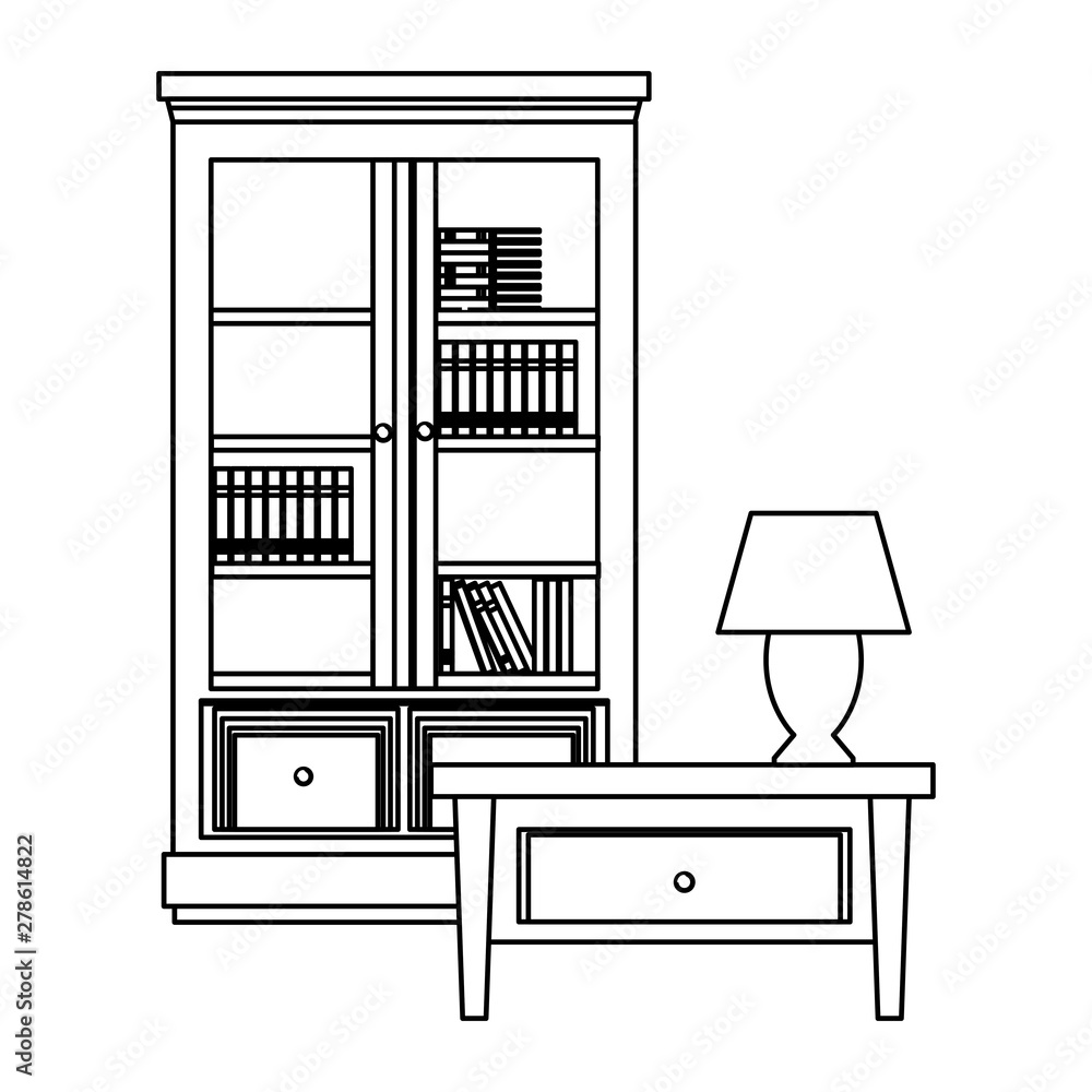 Wall mural house wooden library and light lamp on drawer in black and white