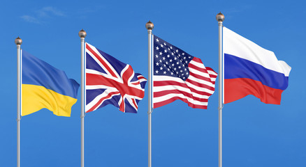 Flags of United States of America, United Kingdom, Russia, and Ukraine. Budapest Memorandum on Security Assurances. 3D illustration on sky background. – Illustration.