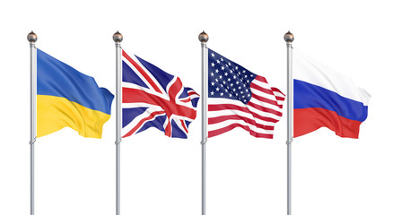 Flags of United States of America, United Kingdom, Russia, and Ukraine. Budapest Memorandum on Security Assurances. 3D illustration isolated on white. – Illustration.