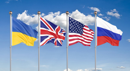 Flags of United States of America, United Kingdom, Russia, and Ukraine. Budapest Memorandum on Security Assurances. 3D illustration on sky background. – Illustration.