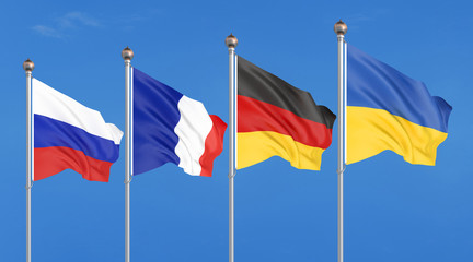 Flags of France, Germany, Russia, and Ukraine. Normandy Format meeting on eastern Ukraine. 3D illustration on sky background. – Illustration.