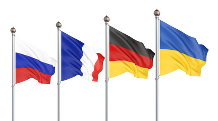 Flags of France, Germany, Russia, and Ukraine. Normandy Format meeting on eastern Ukraine. 3D illustration on sky background. – Illustration.
