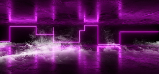 Smoke Futuristic Neon Lights Laser Purple Glowing Modern Retro Sci Fi Elegant Spaceship Club Night Dark Garage Underground Grunge Concrete Reflections Abstract Beams 3D Rendering