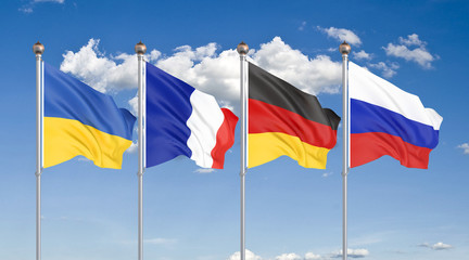 Flags of France, Germany, Russia, and Ukraine. Normandy Format meeting on eastern Ukraine. 3D illustration on sky background. – Illustration.