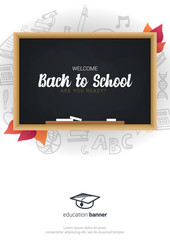 Welcome Back to School banner with chalkboard and white hand draw doodle background.