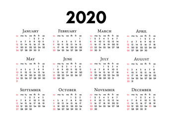 Calendar for 2020 isolated on a white background