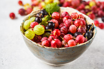 Red, green and black gooseberries in a bowl on gray background.