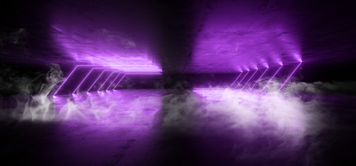 Fototapeta na wymiar Smoke Futuristic Neon Lights Laser Purple Glowing Modern Retro Sci Fi Elegant Spaceship Club Night Dark Garage Underground Grunge Concrete Reflections Abstract Beams 3D Rendering