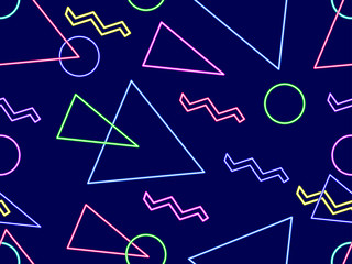 Glowing neon shapes on a black background. Seamless pattern in 80s style. Vector illustration