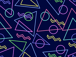 Glowing neon shapes on a black background. Seamless pattern in 80s style. Vector illustration