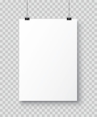 Vector realistic white blank A4 paper poster hanging on a rope with clip - stock vector.