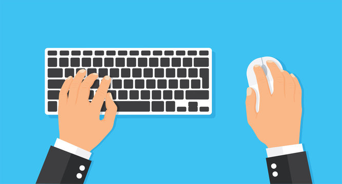 Computer keyboard and mouse with hands of user - stock vector.